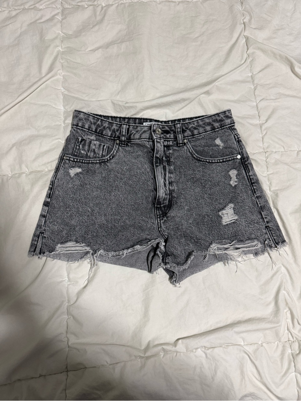 Zara Distressed High-Rise Gray Denim Shorts